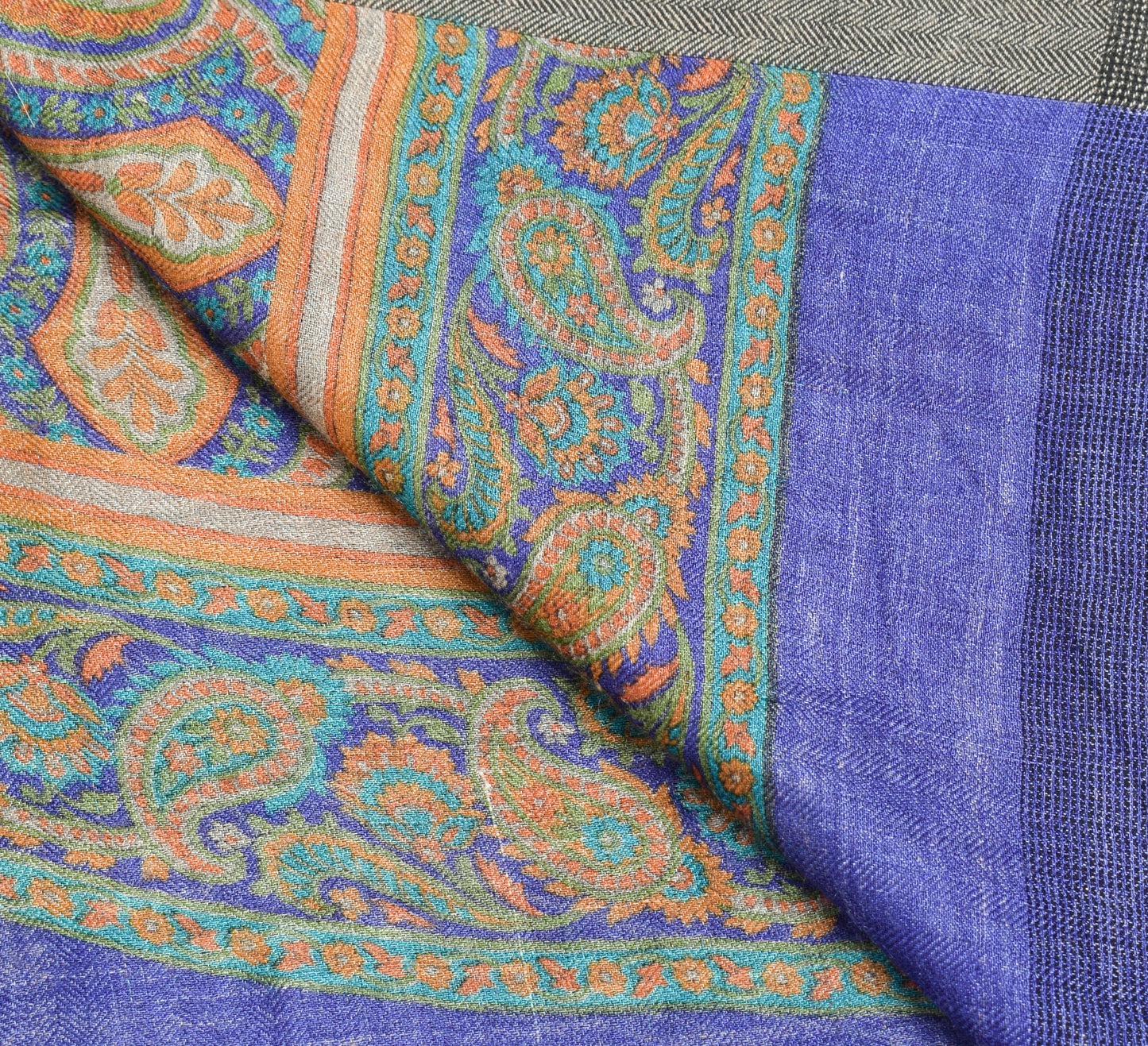 Sushila Vintage Blue Dupatta Paisley Printed 100%Pure Woolen Warm Soft LongStole