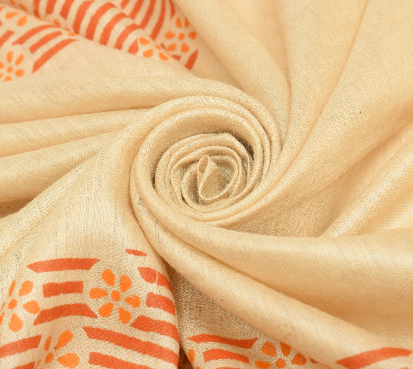 Sushila Vintage Cream Pure Woolen Dupatta Hand Block Printed Indian Long Stole