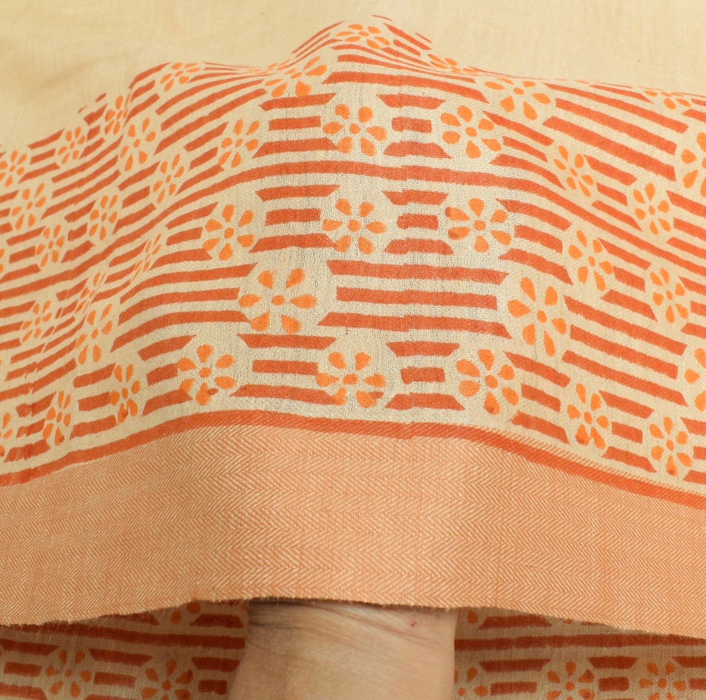 Sushila Vintage Cream Pure Woolen Dupatta Hand Block Printed Indian Long Stole