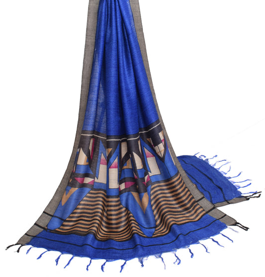 Sushila Vintage Blue Dupatta 100% Pure Woolen Printed Soft Indian Long Stole