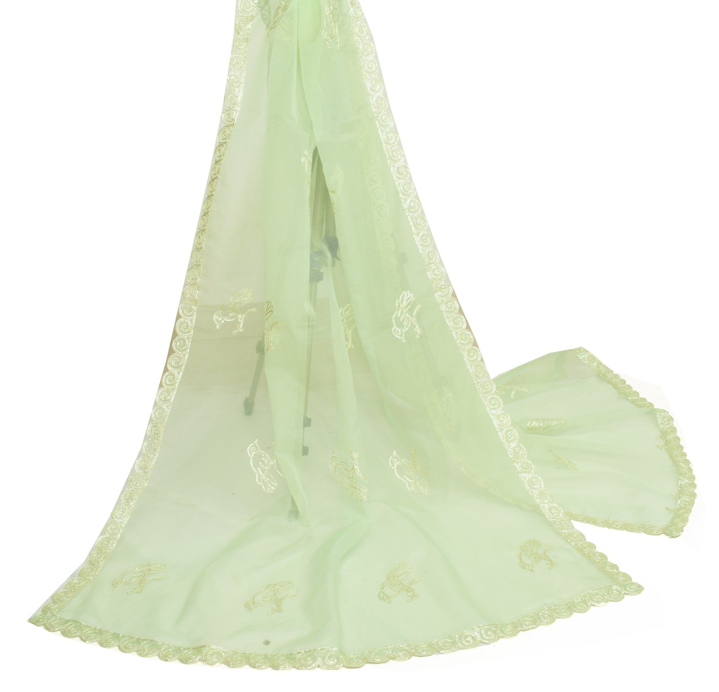 Sushila Vintage Pista Green Dupatta Art Organza Birds Embroidered Long Stole