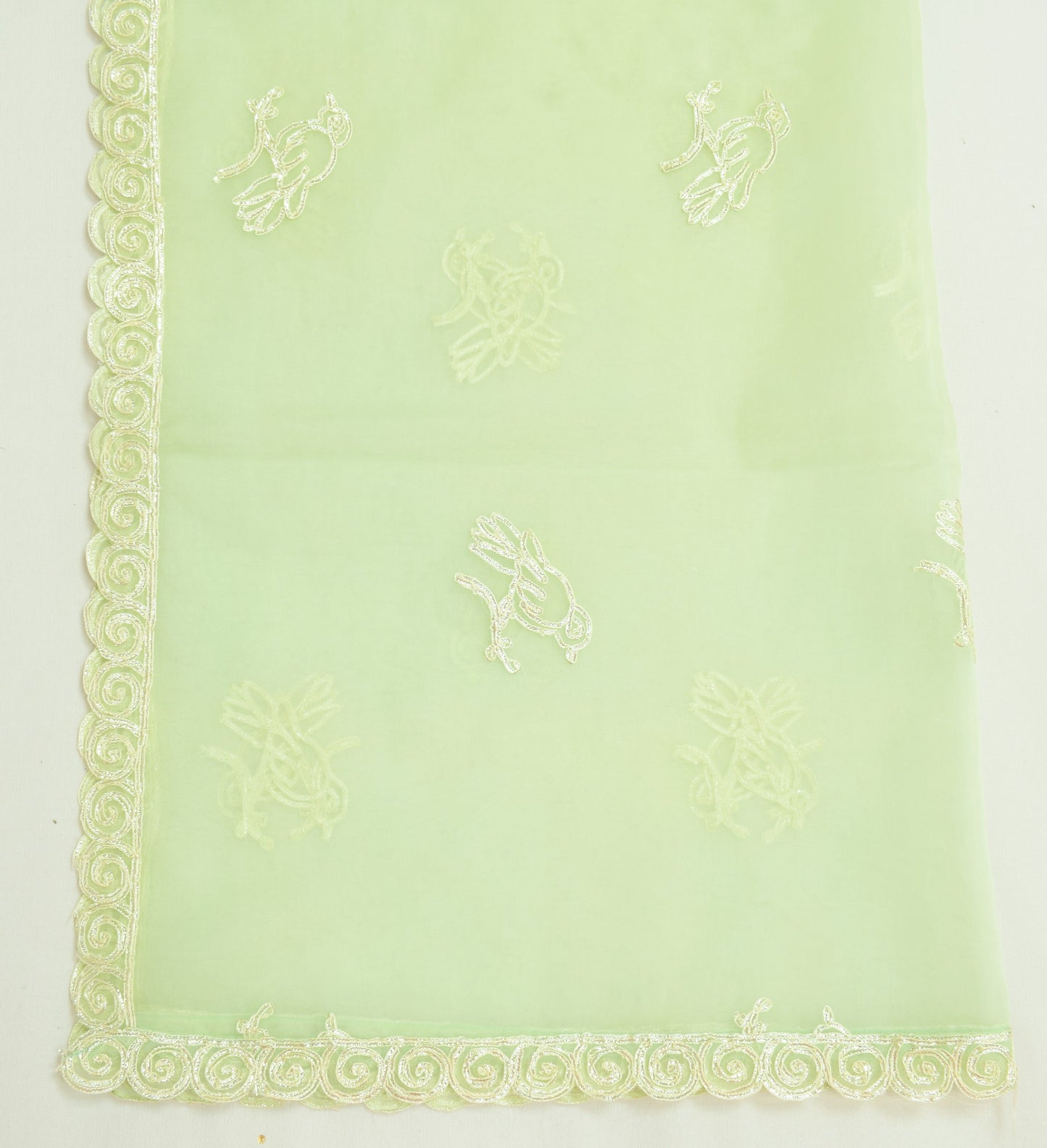 Sushila Vintage Pista Green Dupatta Art Organza Birds Embroidered Long Stole