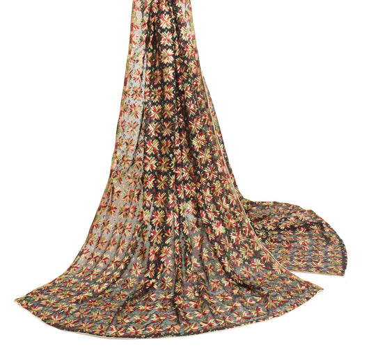 Sushila Vintage Phulkari Black Dupatta Art Chiffon Embroidered Floral Long Stole