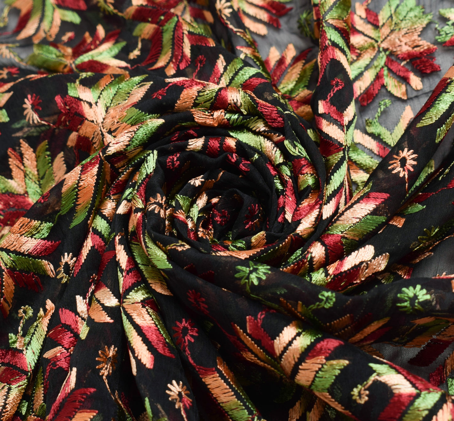 Sushila Vintage Phulkari Black Dupatta Art Chiffon Embroidered Floral Long Stole