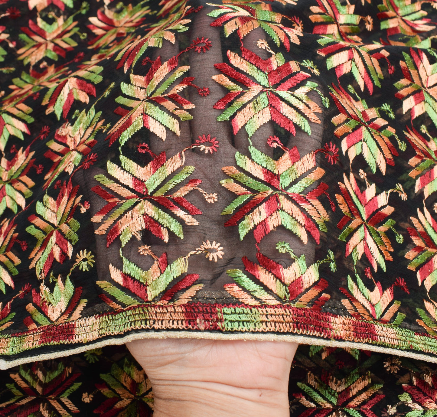 Sushila Vintage Phulkari Black Dupatta Art Chiffon Embroidered Floral Long Stole