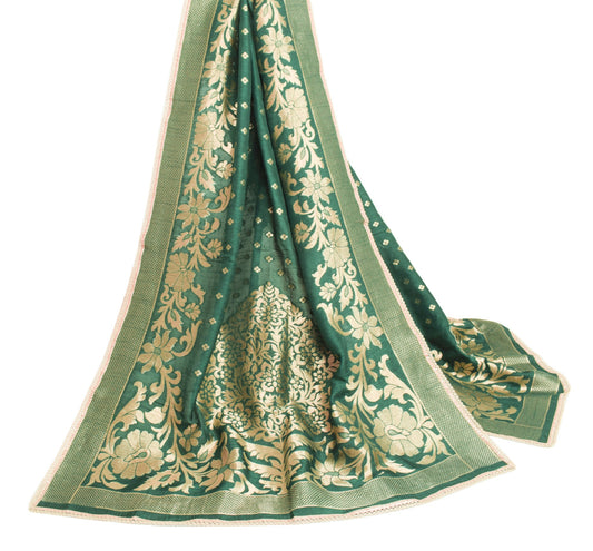 Sushila Vintage Teal Green Dupatta 100%Pure Cotton Zari Brocade Long Stole Wrap