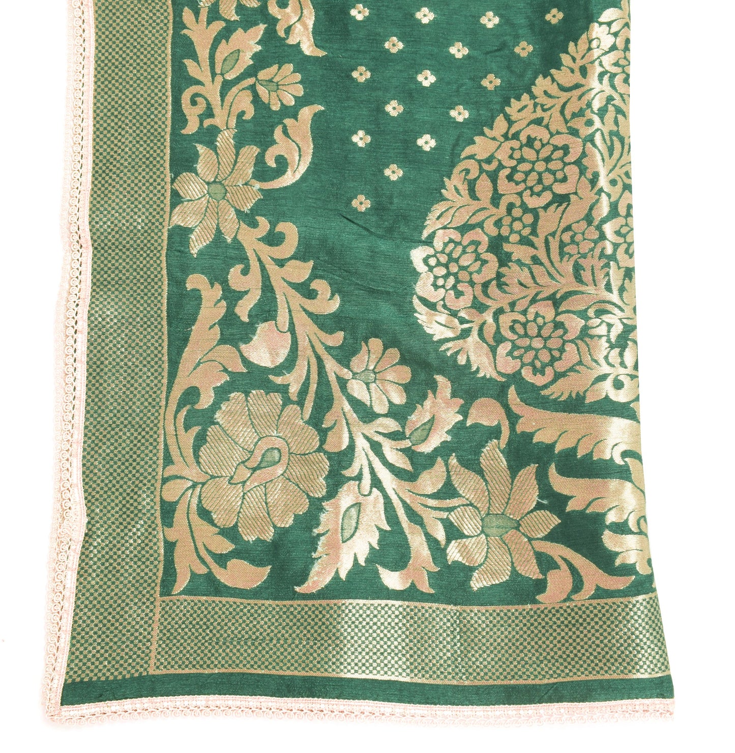 Sushila Vintage Teal Green Dupatta 100%Pure Cotton Zari Brocade Long Stole Wrap