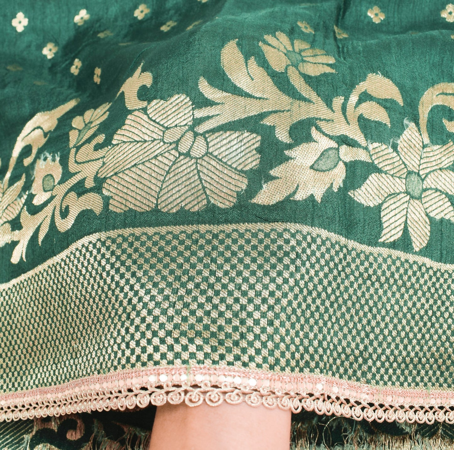 Sushila Vintage Teal Green Dupatta 100%Pure Cotton Zari Brocade Long Stole Wrap