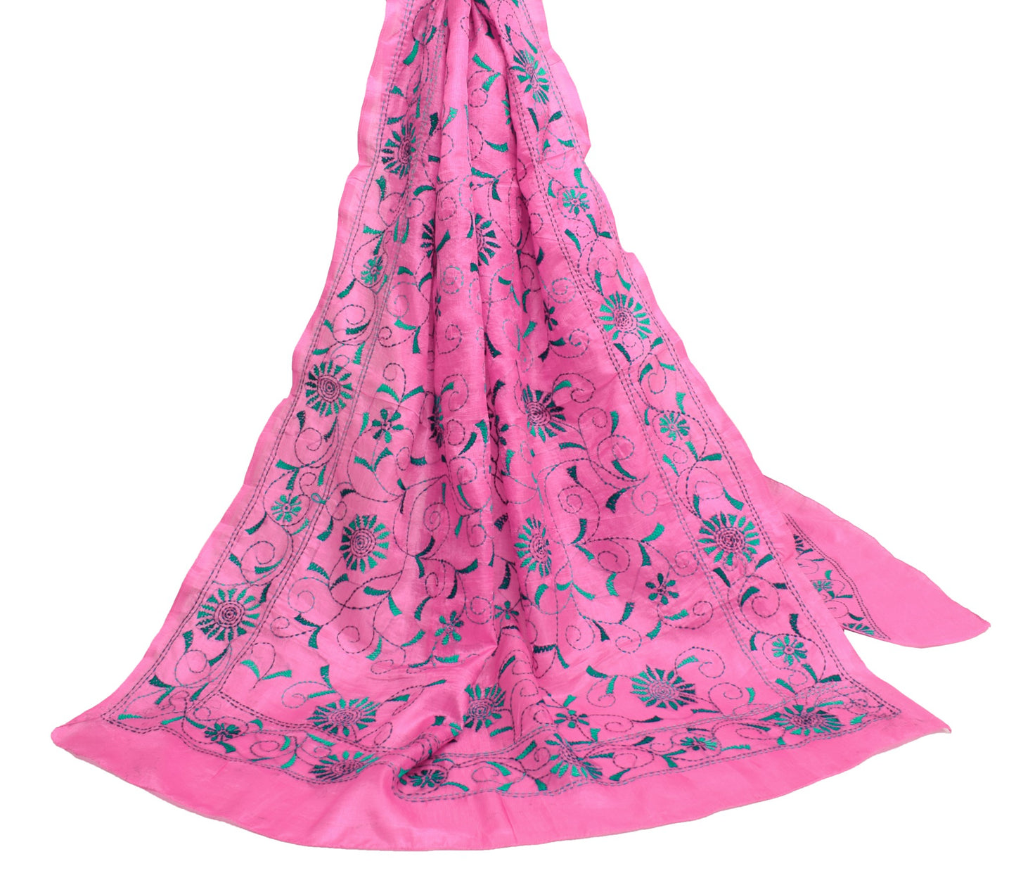 Sushila Vintage Vibrant Pink Art Silk Dupatta Hand Embroidered Floral Long Stole