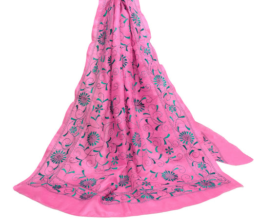 Sushila Vintage Vibrant Pink Art Silk Dupatta Hand Embroidered Floral Long Stole