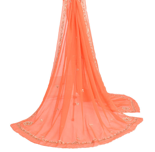 Sushila Vintage Zardozi Work Dupatta Orange Pure Georgette Wedding Long Stole