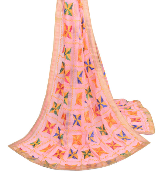 Sushila Vintage Art Chiffon Pink Dupatta Phulkari Embroidered Soft Long Stole
