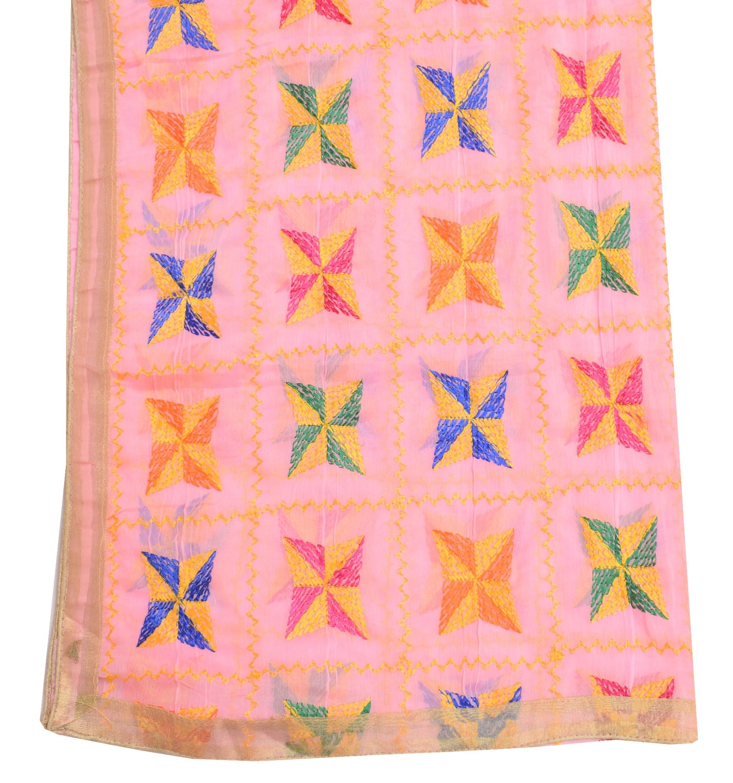 Sushila Vintage Art Chiffon Pink Dupatta Phulkari Embroidered Soft Long Stole