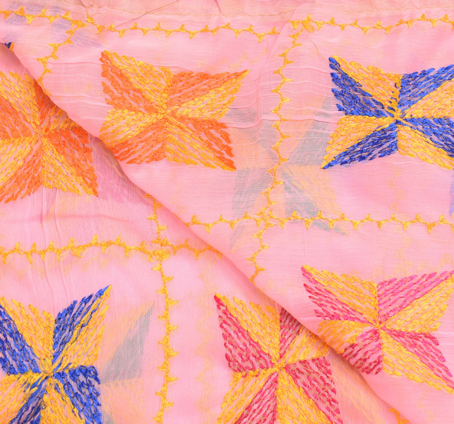 Sushila Vintage Art Chiffon Pink Dupatta Phulkari Embroidered Soft Long Stole