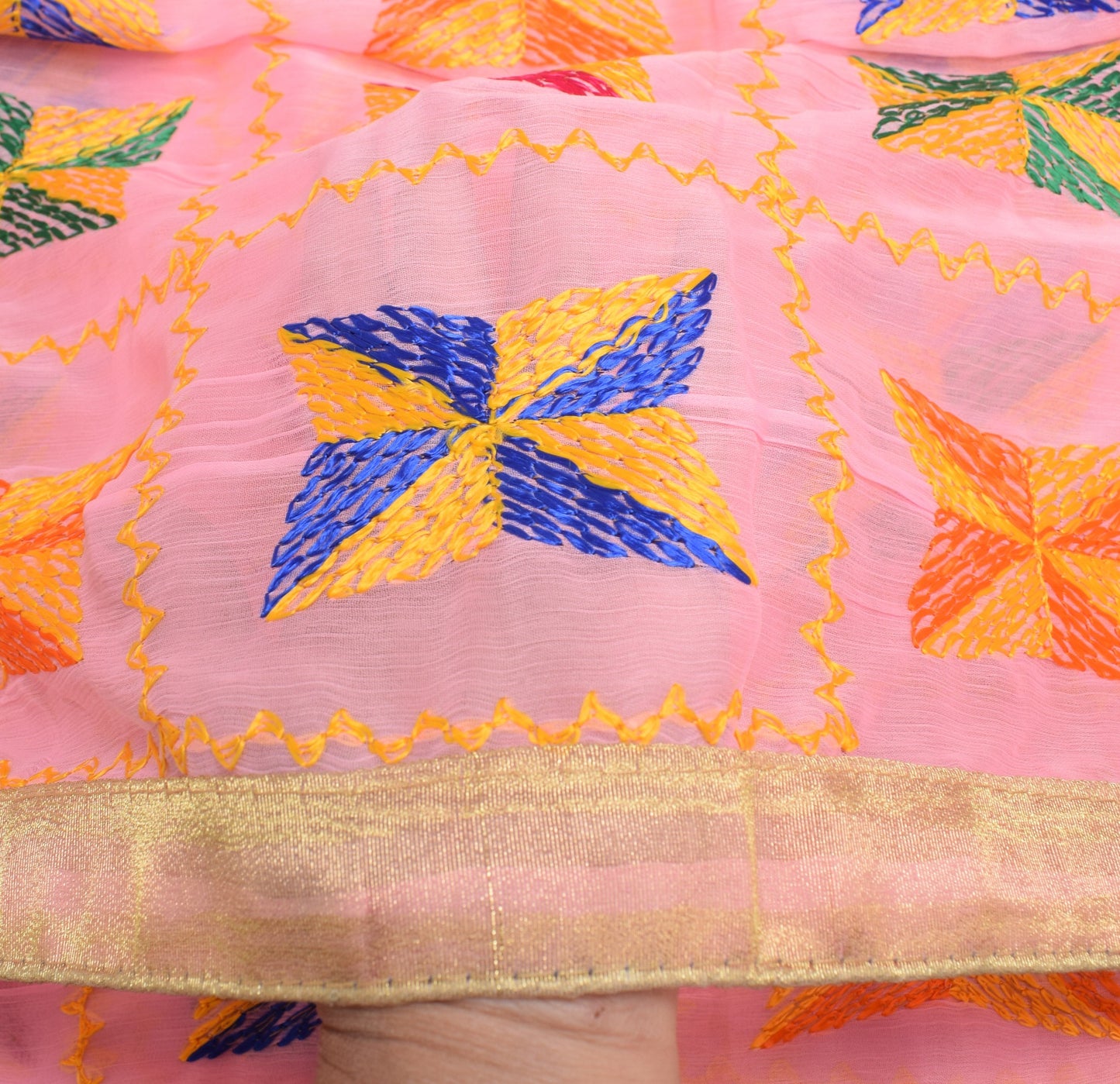 Sushila Vintage Art Chiffon Pink Dupatta Phulkari Embroidered Soft Long Stole