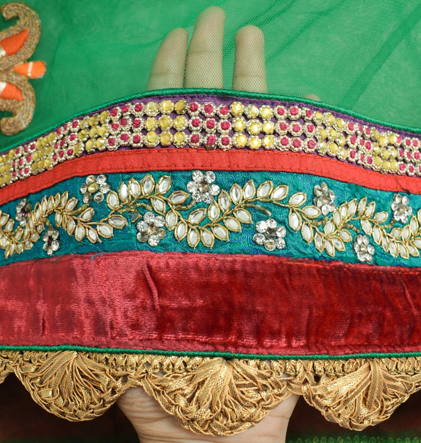 Sushila Vintage Green Heavy Dupatta Net Mesh Applique Floral Border Long Stole