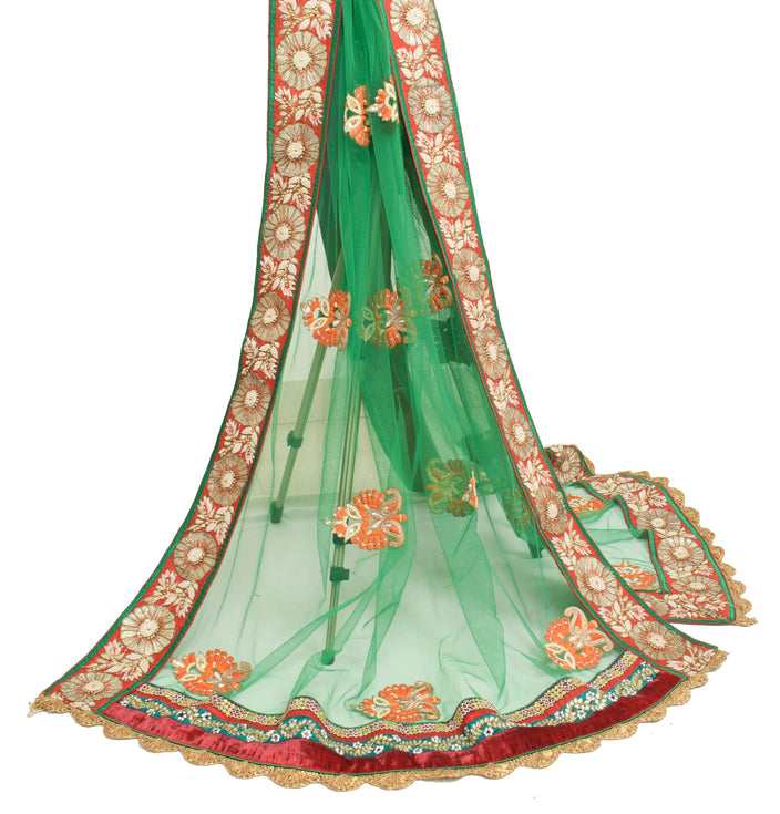 Sushila Vintage Green Heavy Dupatta Net Mesh Applique Floral Border Long Stole