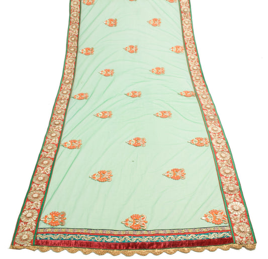 Sushila Vintage Green Heavy Dupatta Net Mesh Applique Floral Border Long Stole