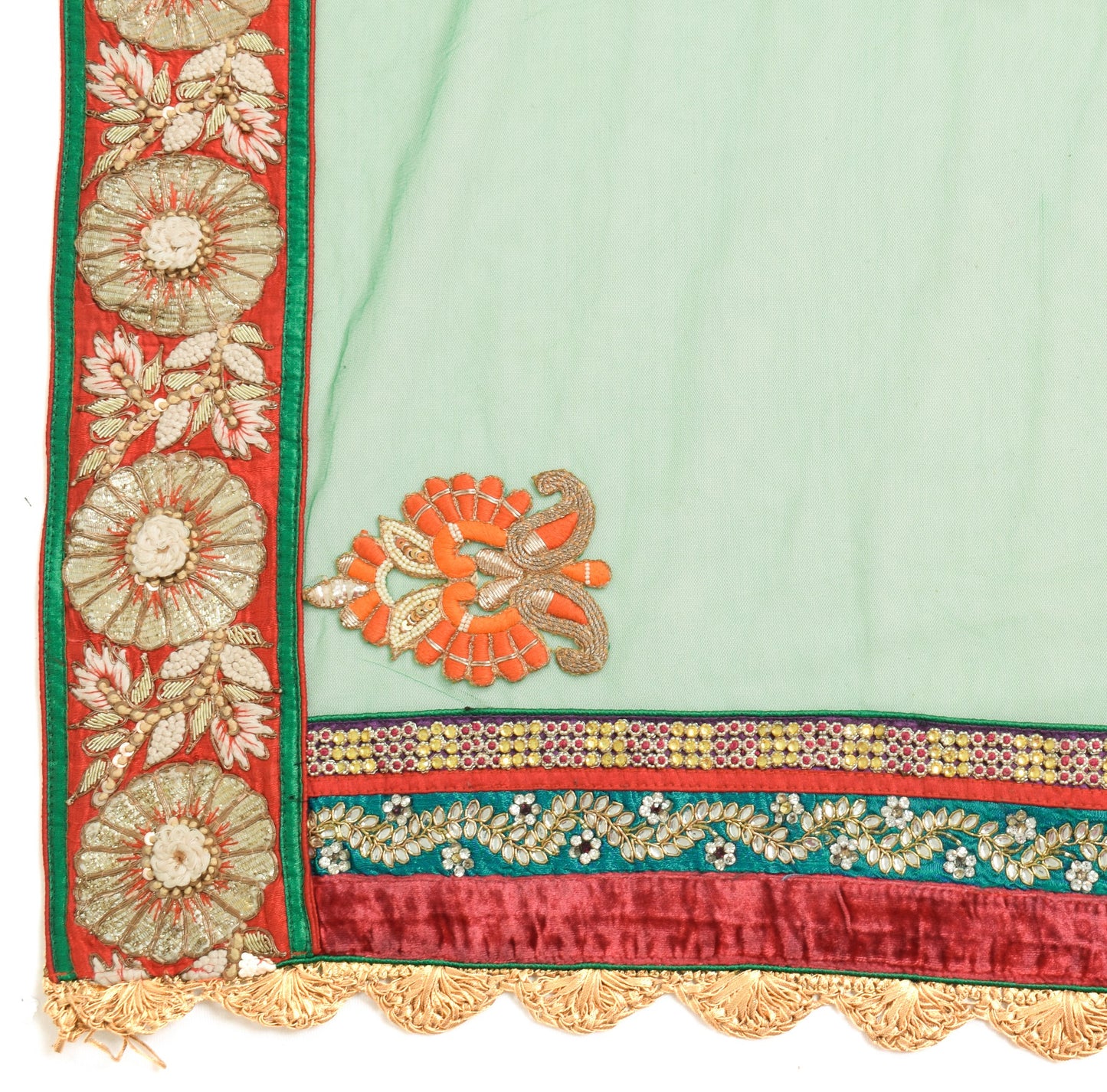 Sushila Vintage Green Heavy Dupatta Net Mesh Applique Floral Border Long Stole