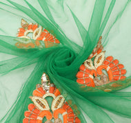 Sushila Vintage Green Heavy Dupatta Net Mesh Applique Floral Border Long Stole