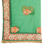 Sushila Vintage Green Heavy Dupatta Net Mesh Applique Floral Border Long Stole