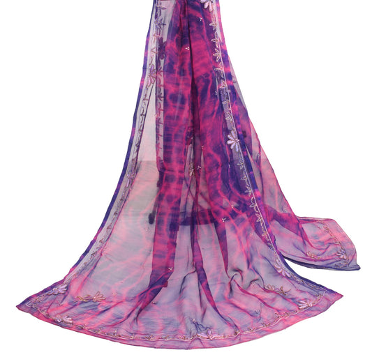Sushila Vintage Blue Tie-Dye Dupatta Pure Chiffon Silk Embroidered Long Stole