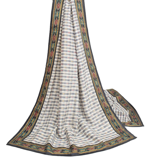Sushila Vintage Pochampally Ikat Heavy Dupatta Handwoven Pure Silk Gray Stole