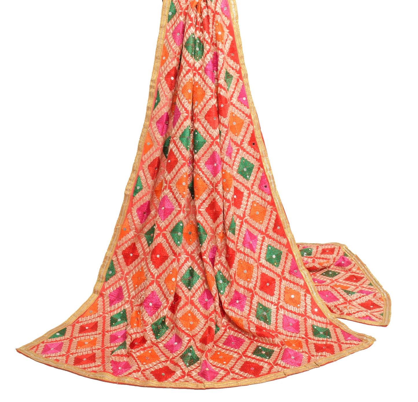 Sushila Vintage Red Phulkari Dupatta Art Silk Embroidered Traditional Long Stole