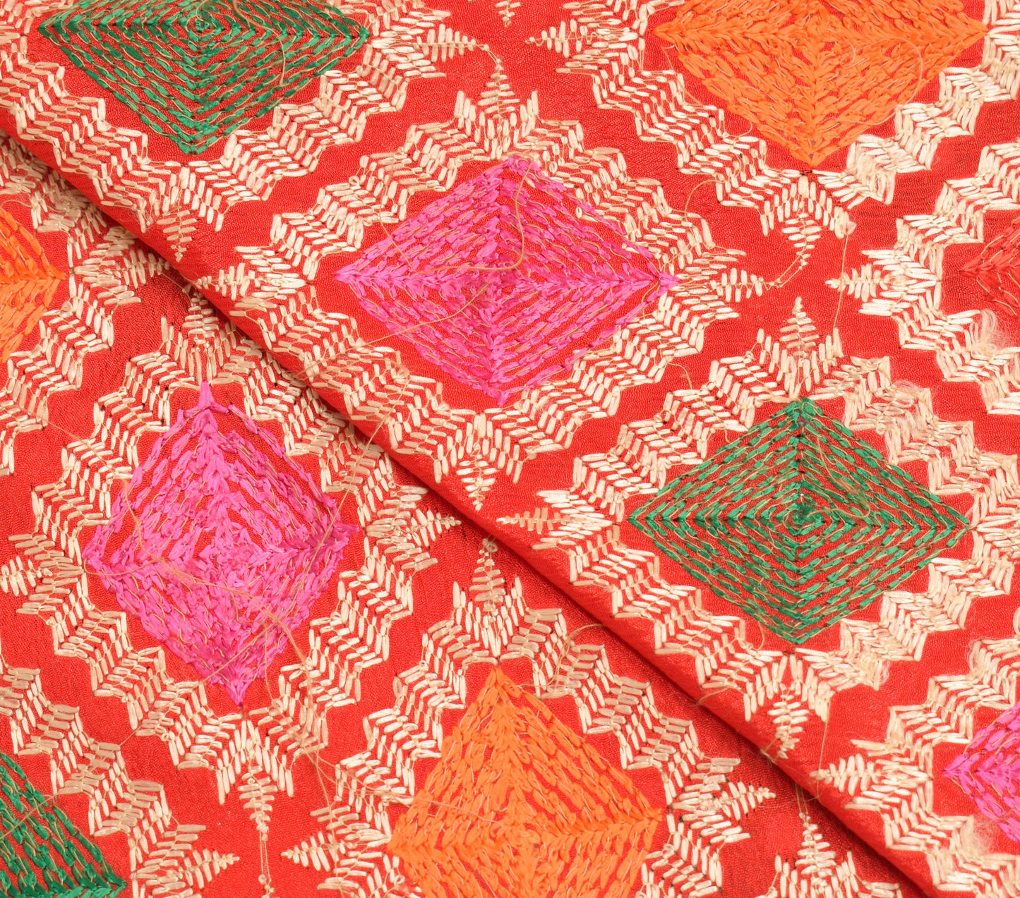 Sushila Vintage Red Phulkari Dupatta Art Silk Embroidered Traditional Long Stole