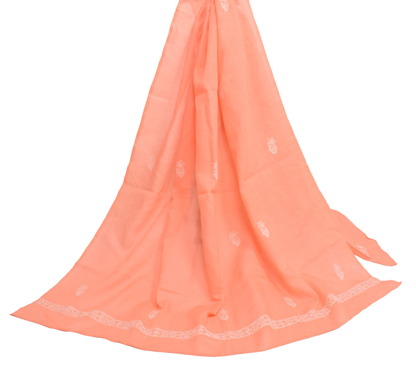Sushila Vintage Dark Peach Dupatta Art Cotton Lucknowi Chikankari Long Stole