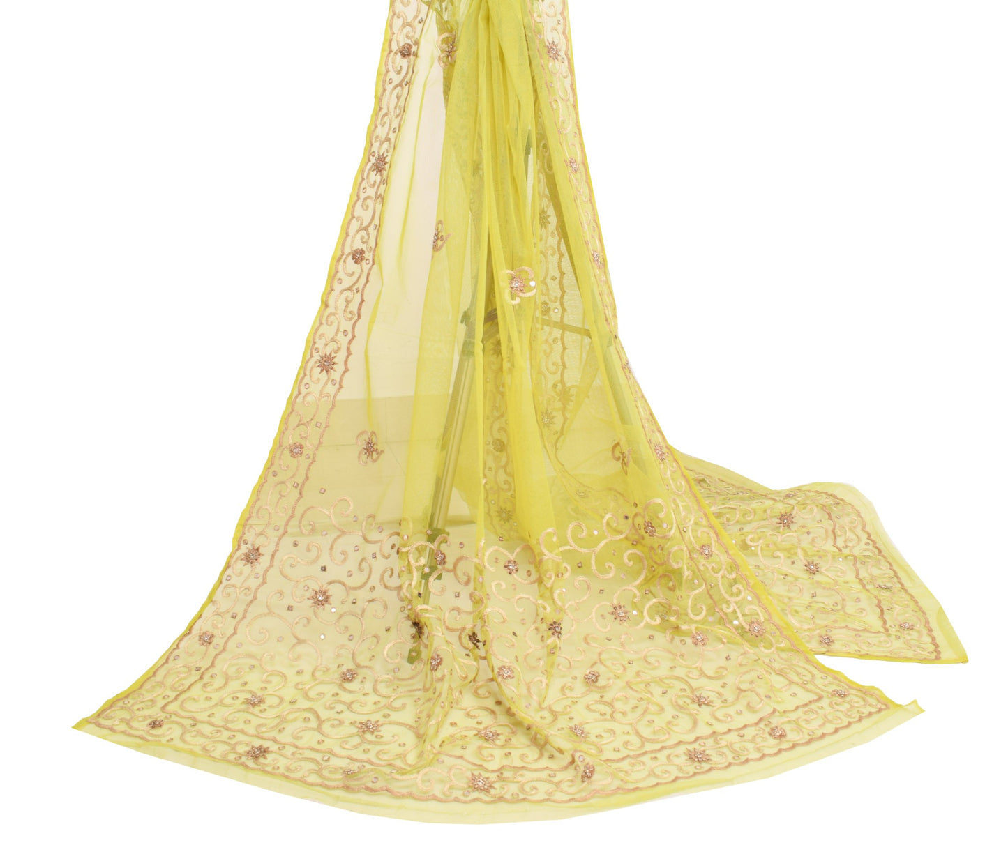 Sushila Vintage Green Hand Embroidered Net Mesh Mirror Work Wedding Long Stole
