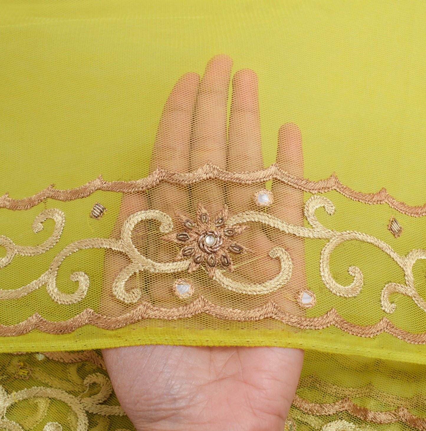 Sushila Vintage Green Hand Embroidered Net Mesh Mirror Work Wedding Long Stole