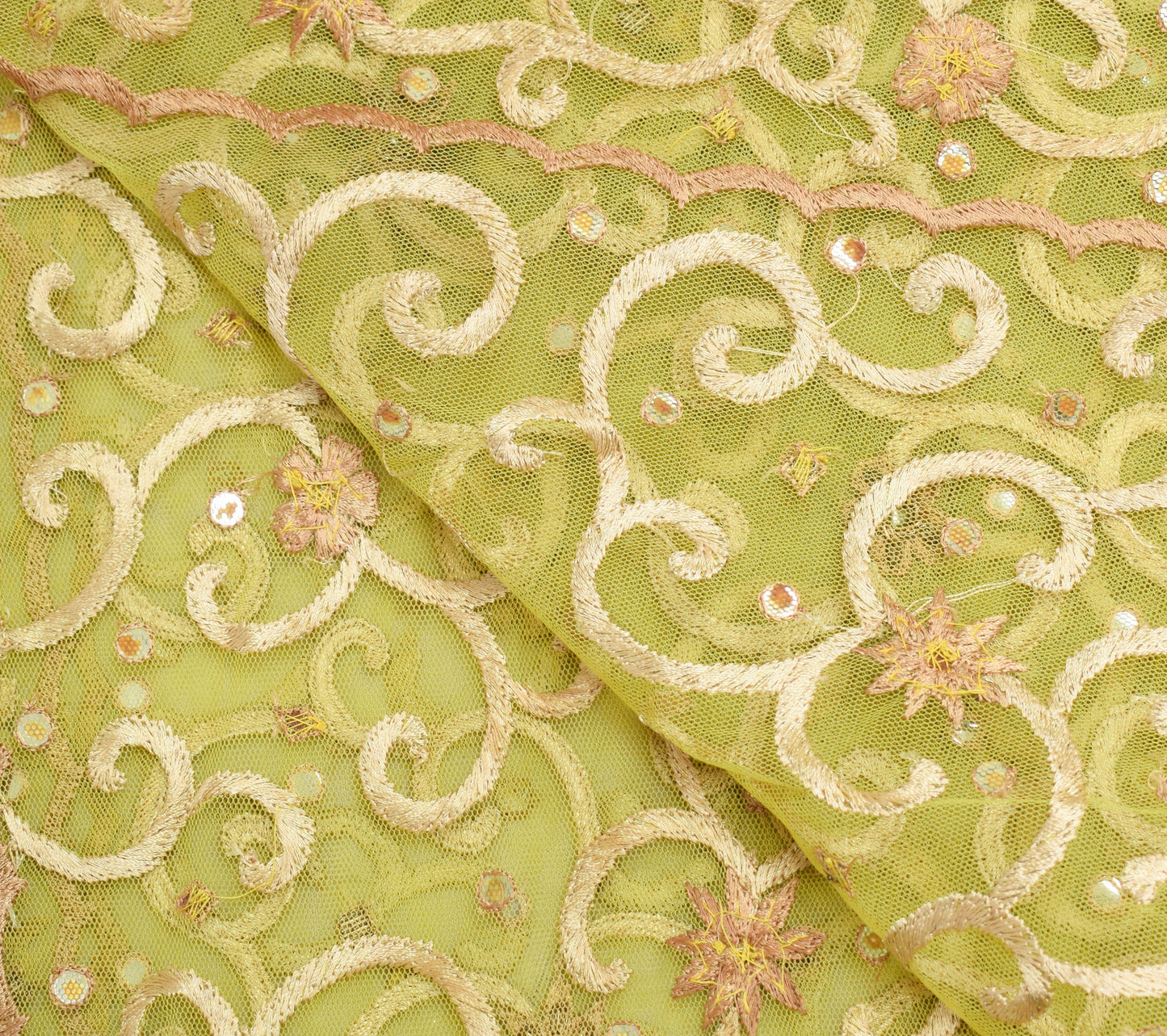 Sushila Vintage Green Hand Embroidered Net Mesh Mirror Work Wedding Long Stole