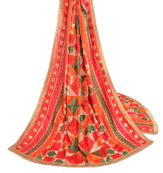 Sushila Vintage Bagh Phulkari Dupatta Art Silk Red Embroidered Indian Long Stole