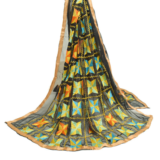 Sushila Vintage Black Dupatta Art Chiffon Bagh Phulkari Embroidered Long Stole
