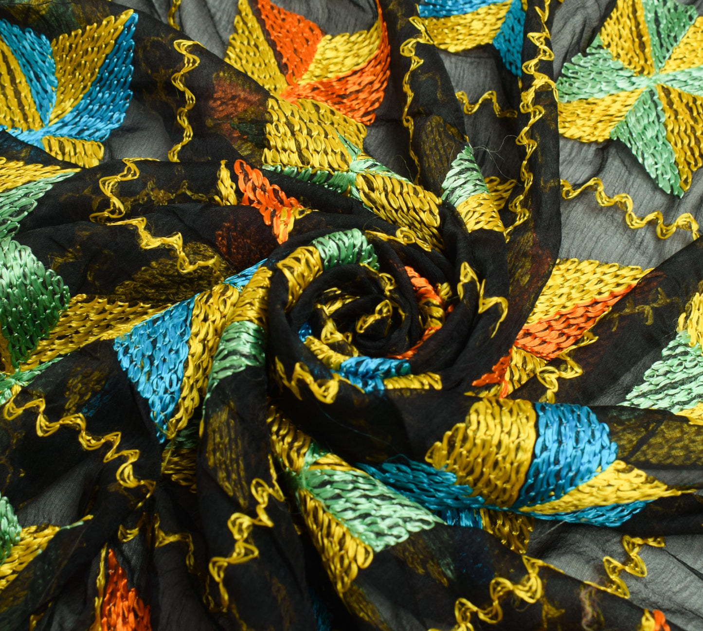 Sushila Vintage Black Dupatta Art Chiffon Bagh Phulkari Embroidered Long Stole