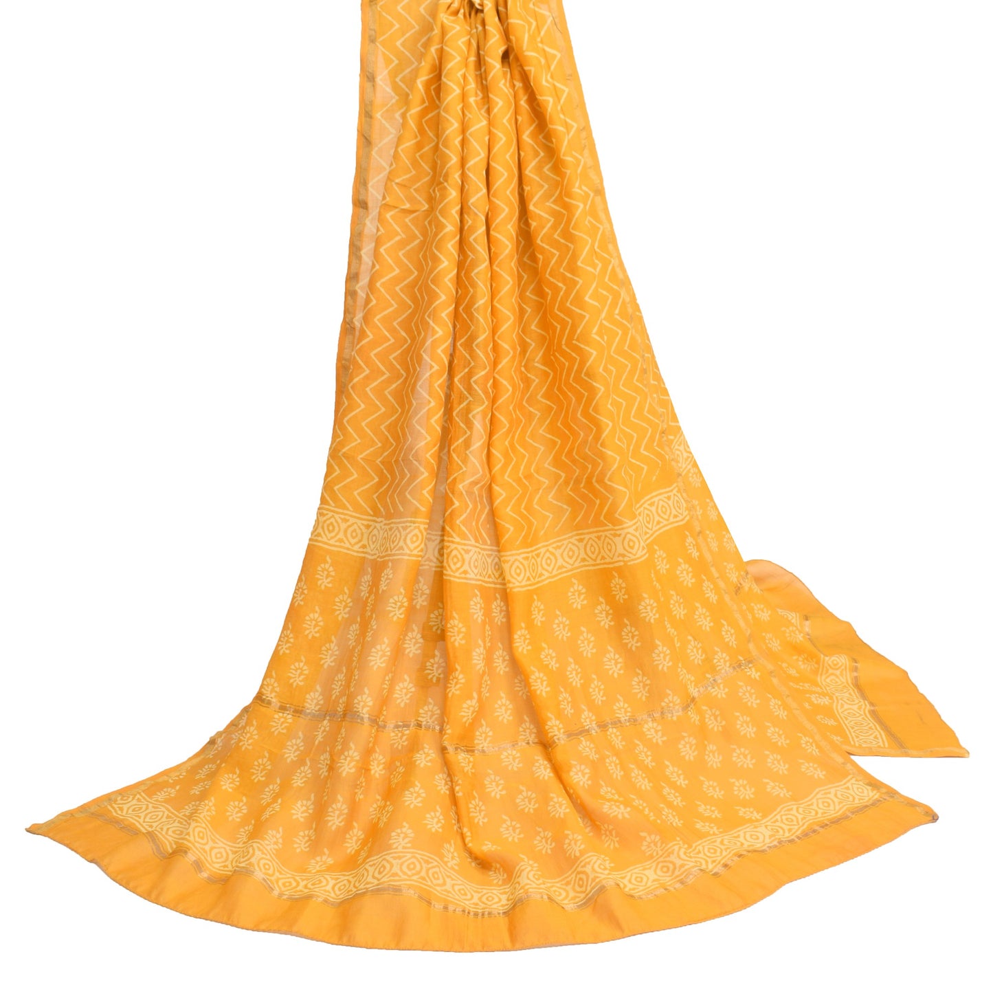 Sushila Vintage Mustard Yellow Dupatta Hand Block Printed Pure Cotton Long Stole