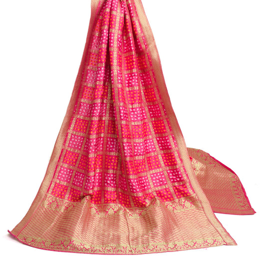 Sushila Vintage Dark Pink Bandhani Dupatta Art Silk Zari Brocade Long Stole Wrap