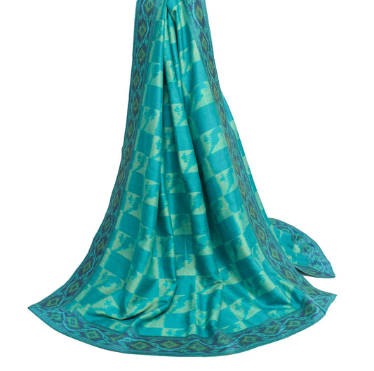 Sushila Vintage Blue Green Dupatta Hand Woven Ikat HEAVY Pure Silk Long Stole