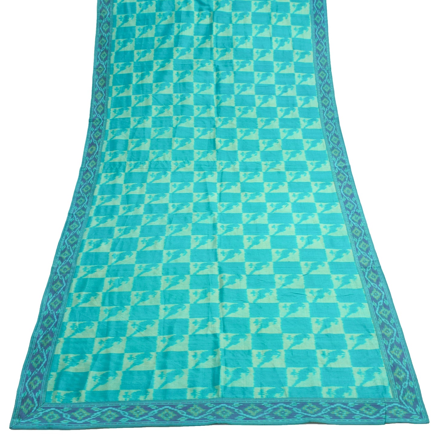 Sushila Vintage Blue Green Dupatta Hand Woven Ikat HEAVY Pure Silk Long Stole