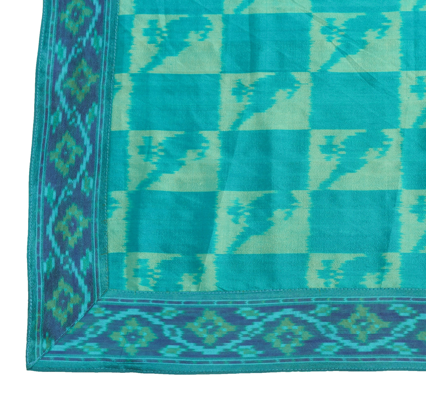 Sushila Vintage Blue Green Dupatta Hand Woven Ikat HEAVY Pure Silk Long Stole