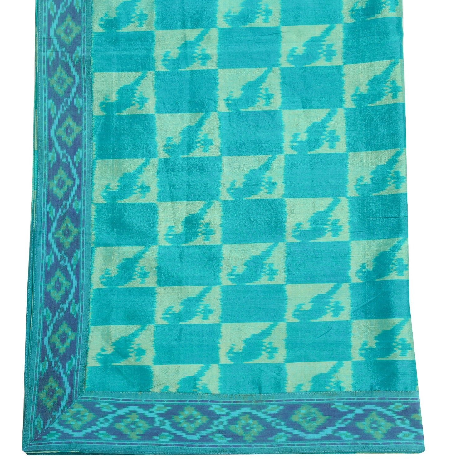 Sushila Vintage Blue Green Dupatta Hand Woven Ikat HEAVY Pure Silk Long Stole