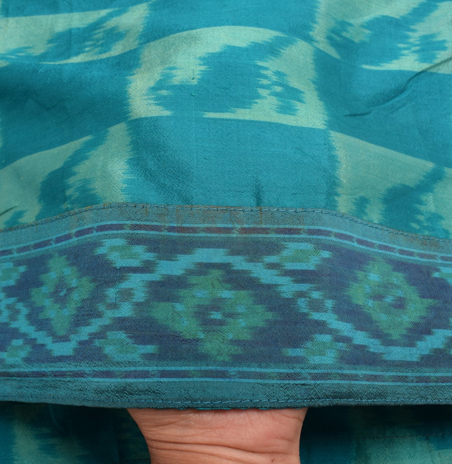 Sushila Vintage Blue Green Dupatta Hand Woven Ikat HEAVY Pure Silk Long Stole