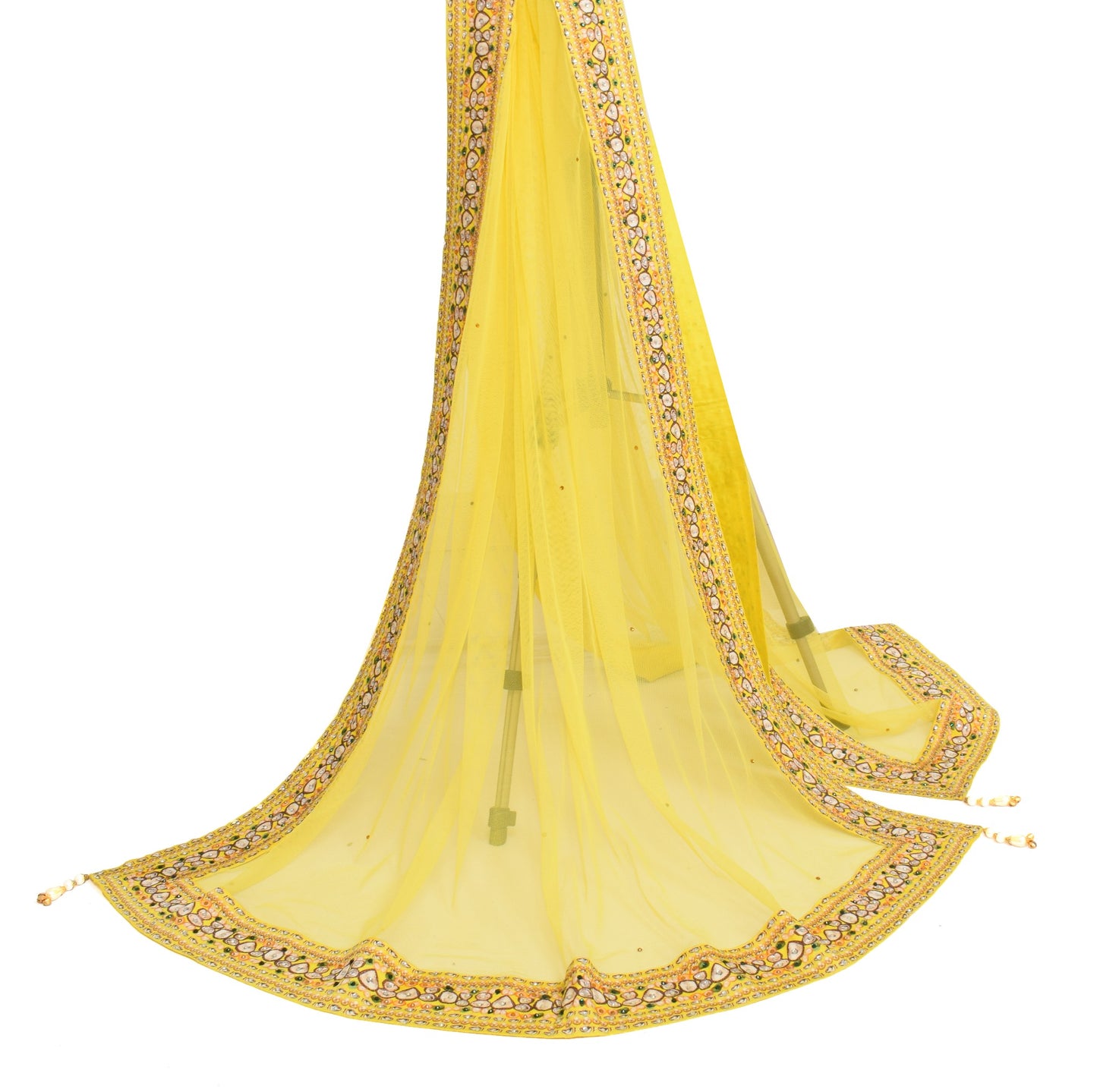 Sushila Vintage Yellow Dupatta Branded Net Mesh Digital Printed Lace Long Stole