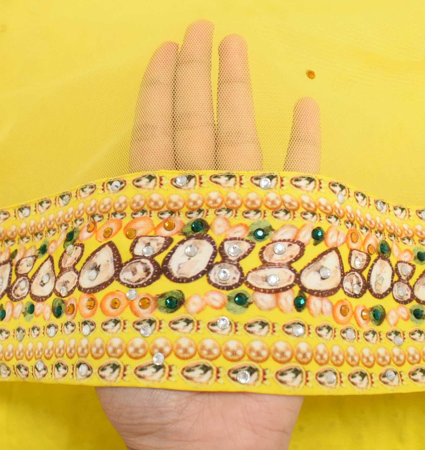 Sushila Vintage Yellow Dupatta Branded Net Mesh Digital Printed Lace Long Stole