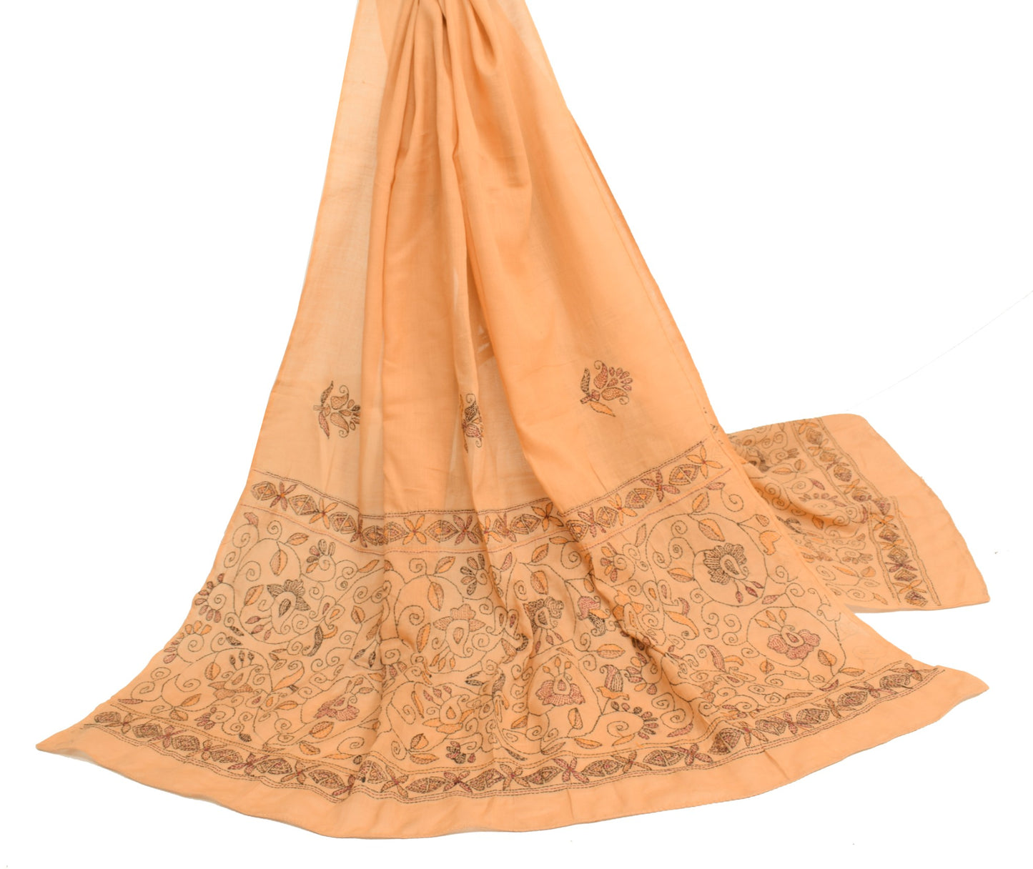 Sushila Vintage Peach Dupatta 100%Pure Cotton Hand Embroidered Kantha Long Stole