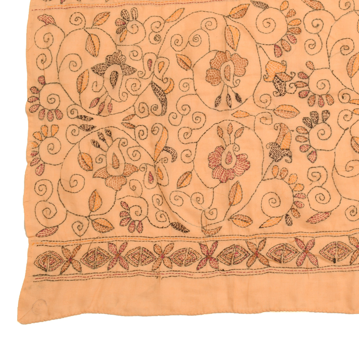 Sushila Vintage Peach Dupatta 100%Pure Cotton Hand Embroidered Kantha Long Stole