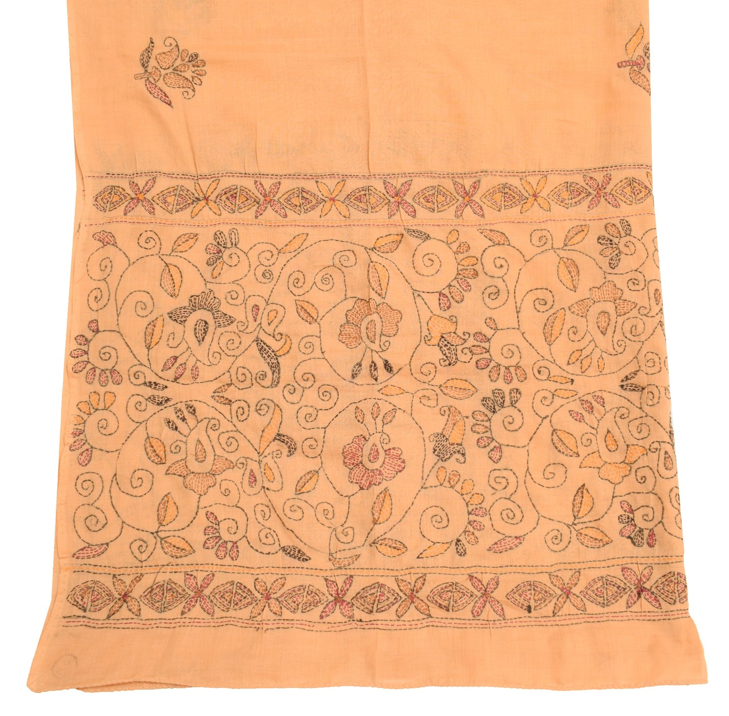 Sushila Vintage Peach Dupatta 100%Pure Cotton Hand Embroidered Kantha Long Stole