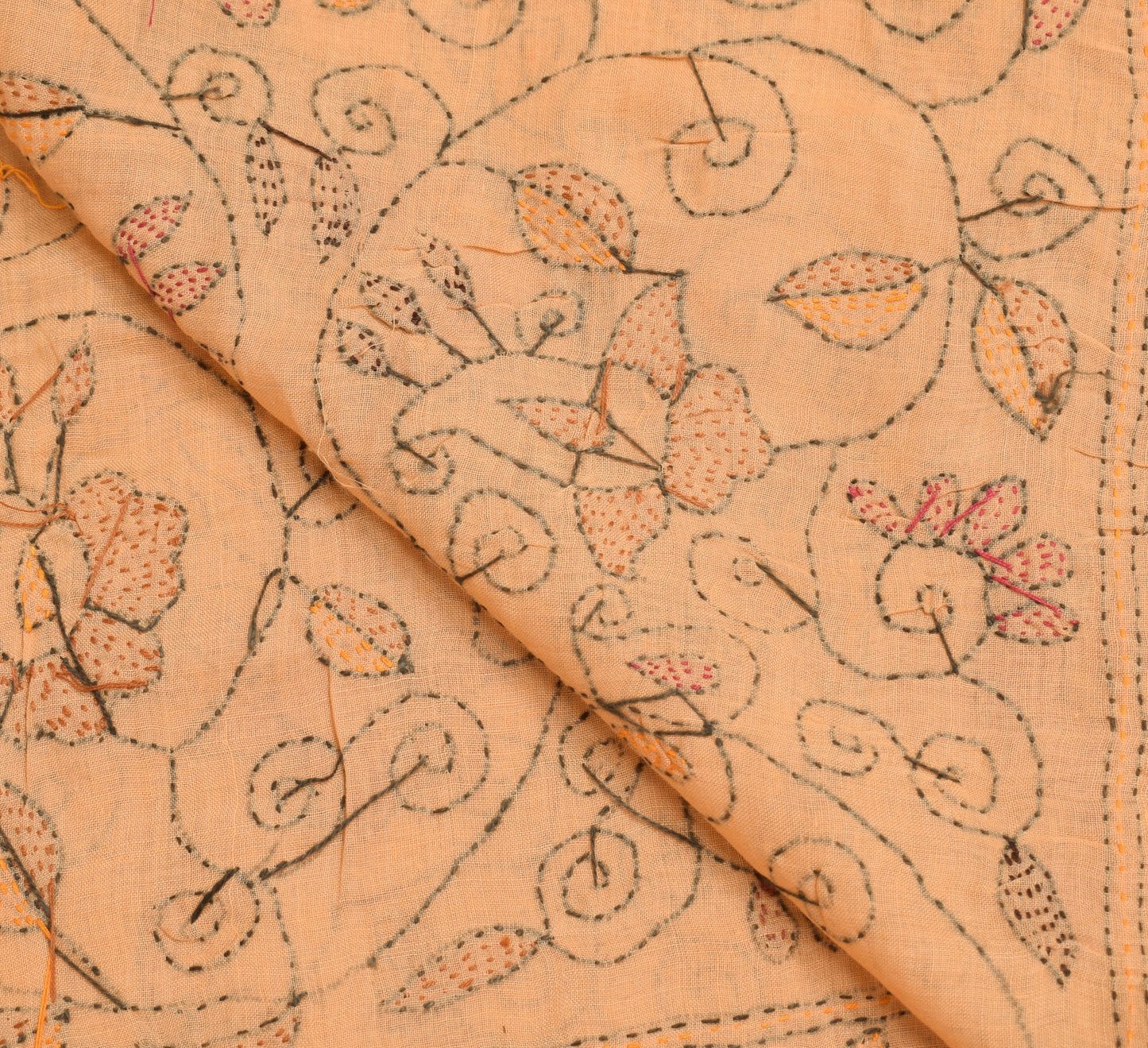 Sushila Vintage Peach Dupatta 100%Pure Cotton Hand Embroidered Kantha Long Stole