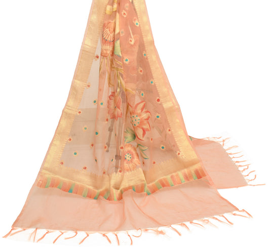 Sushila Vintage Art Tissue Dupatta Floral Zari Brocade Peach Classy Long Stole